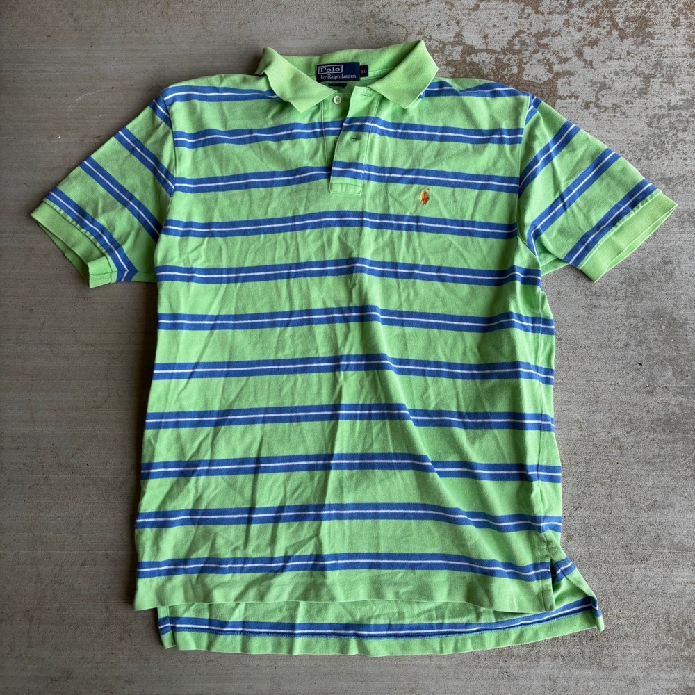 Polo Ralph Lauren Mens XL Lime Green Blue Striped Short Sleeve Pique Polo Shirt
